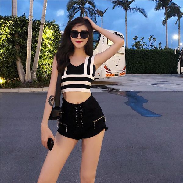 

women's shorts lychee girls zipper lace up drawstring women cowboy high waist female short pants spring summer england style, White;black