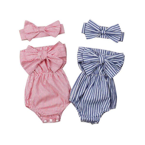 

pudcoco newborn baby girl 0-24m clothes off shoulder bowknot striped bodysuit jumpsuit headband 2pcs outfits set g220223, Blue