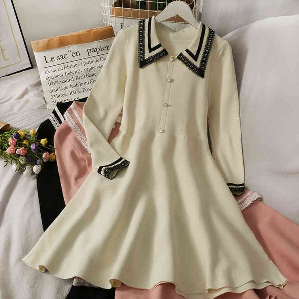 

dresses spring women new lapel breasted knitted dresses lace stitching long sleeve a-line dress female, Black;gray
