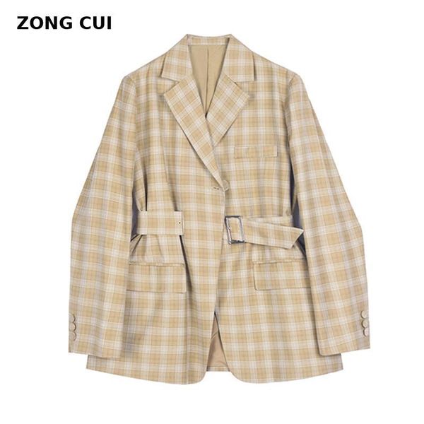 

women's suits & blazers women yellow plaid coat 2021 autumn ladies notched collar long sleeve sashes vintage streetwear femme, White;black