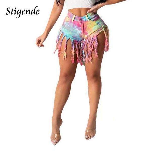 

women's jeans stigende women tie dye print shorts fringe tassel ripped denim short fashion patchwork pocket shredded, Blue