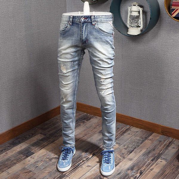 

men's jeans italian style fashion retro light blue elastic cotton slim fit ripped vintage designer hip hop denim pants aquz