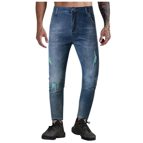 

men's pants 2021 jeans ripped skinny hole trousers stretch slim denim large size hip hop black blue casual jogging