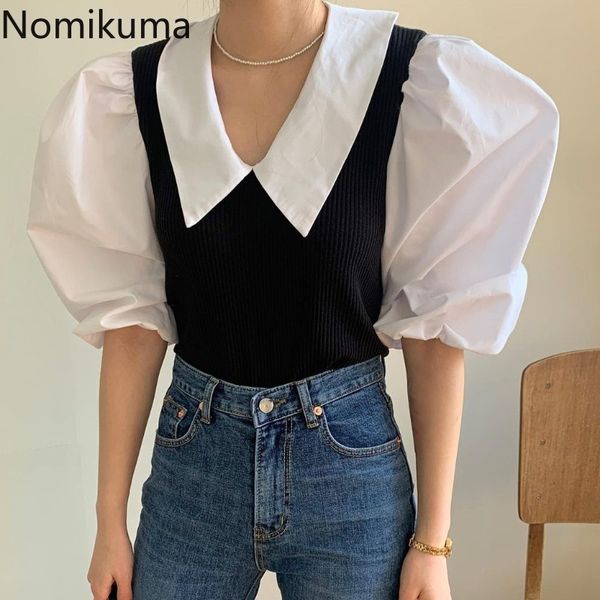 Nomikuma contraste cor manga manga camisa mulheres falsificadas duas peças recoloque para baixo colarinho coreano chique blusa camisas verão tops blusas 210514