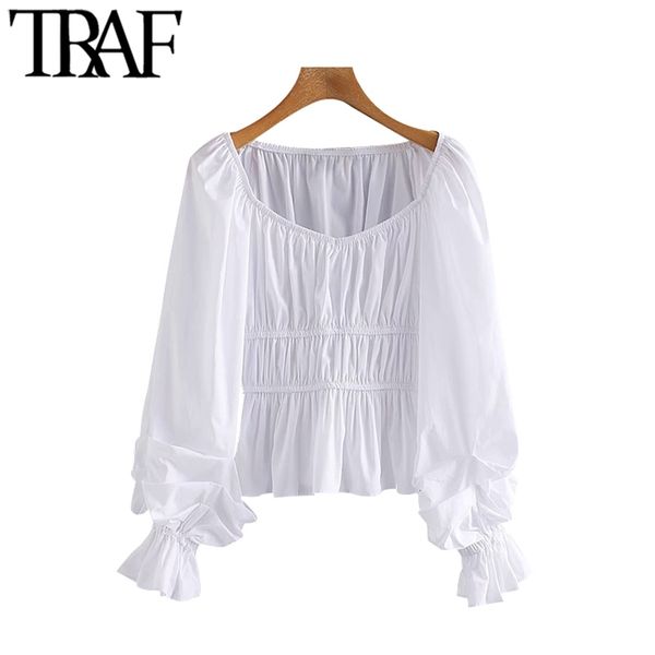 

women sweet fashion ruffled white blouses vintage v neck long sleeve female shirts blusas chic 210507