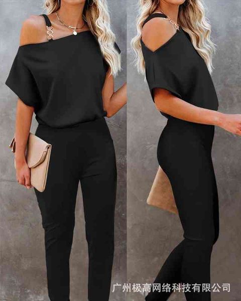 

womens european and american oblique shoulder decorative belt jumpsuit, White