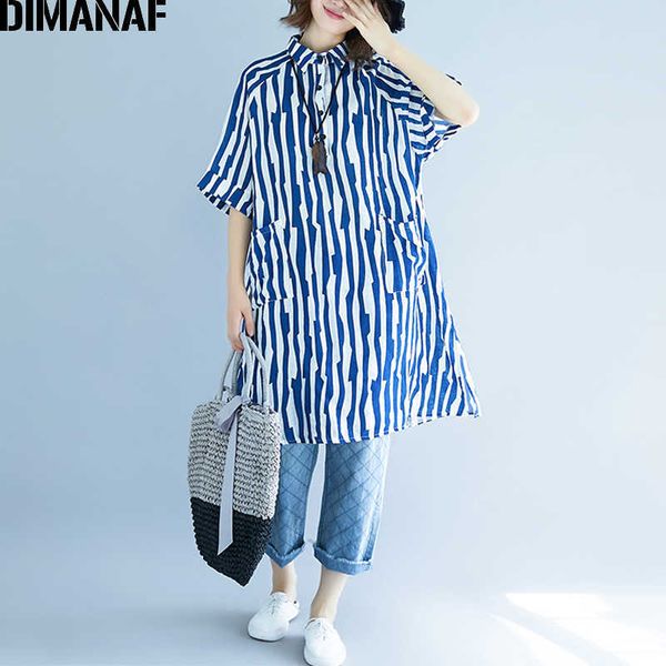 

women blouse shirts cotton summer plus size striped print femme office lady large clothing loose basic long thin 210531, White