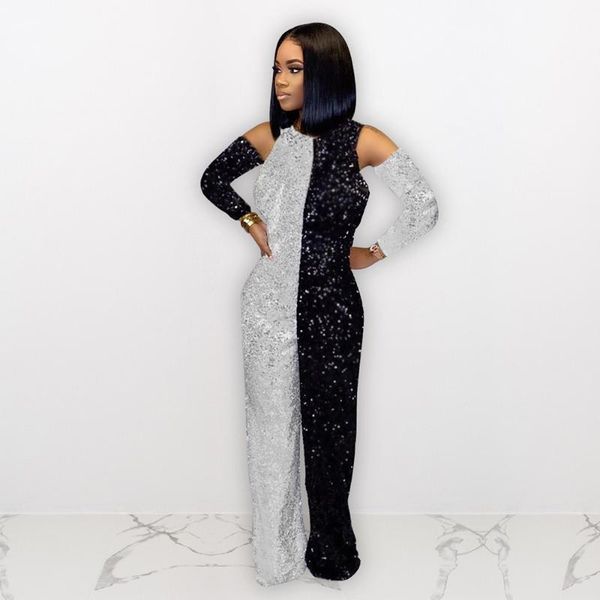 

women's jumpsuits & rompers autumn women full sleeve sequined patchwork night club party backless casual loose jumpsuit, Black;white
