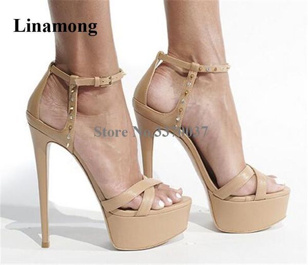 

women elegant fashion open toe strap cross high platform stiletto heel rivet sandals ankle buckles heels, Black