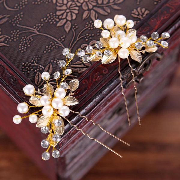 

hair clips & barrettes 2 pcs gold flower leaf sticks pearl clip vintage pins wedding accessories crystal rhinestone bridal he bn, Golden;silver