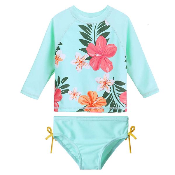 Baohulu Print Cyan Baby Girl Купальник с длинным рукавом Девушки Купальники UPF50 + УФ Защитный Защитный Защитный Солнцезащитные Детские Купающие Купальники Костюмы