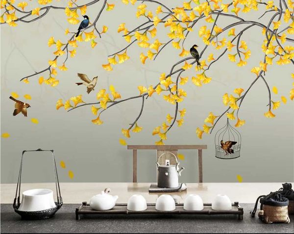 

wallpapers xue su wall covering custom large wallpaper ginkgo hand-painted brushwork flowers and birds chinese style background