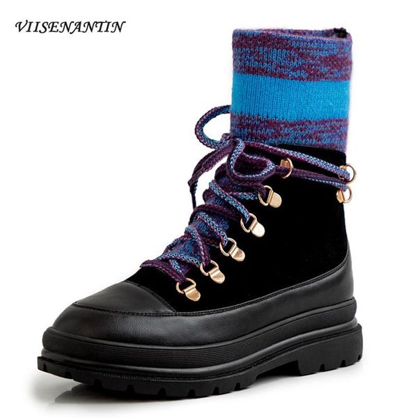 

boots multi color fashion winter wool plush shoes handsome british leather thick sole elastic all-match velvet short socks women, Black