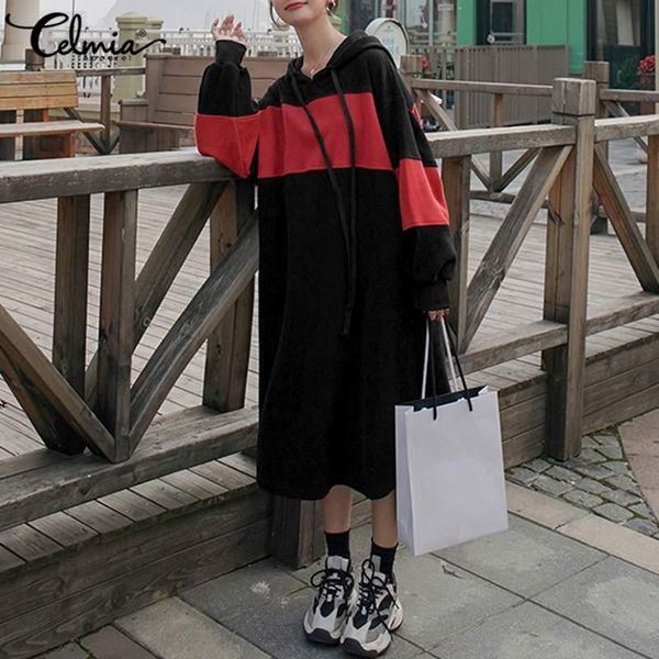 

women color patchwork hoodies dress kaftan sweatshirt pullover celmia 2021 winter long sleeve vintage midi vestidos hooded robe casual dress, Black;gray
