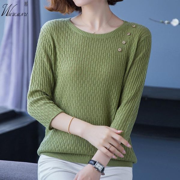 

women spring ribbed sweaters big size korean style loose knitwear pullovers casual three quarter sleeve o-neck knitted women's t-shirt, White
