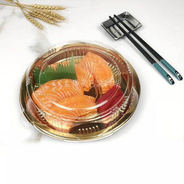 

disposable take out containers round plate sushi packing box printed salmon sashimi soy sauce dish takeaway seafood platter
