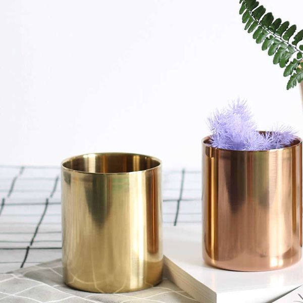 Decoração de vaso de ouro de latão vasos de aço inoxidável para flores recipientes de armazenamento organizador caneta titular mesa de flores vasos 210623