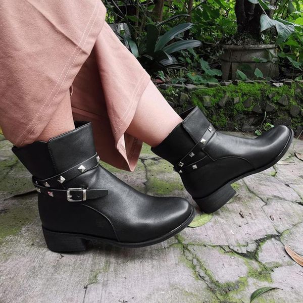 

boots fashion pu leather booties women rivets square heels zipper solid color short boot keep warm wild vintage british style shoes, Black