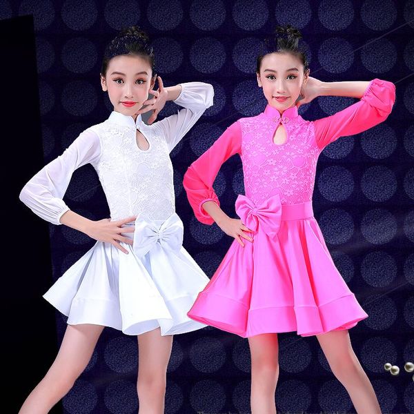 

stage wear lantern sleeve kids latin dance dresses for girl rose blue white dress children competitive ballroom garment, Black;red