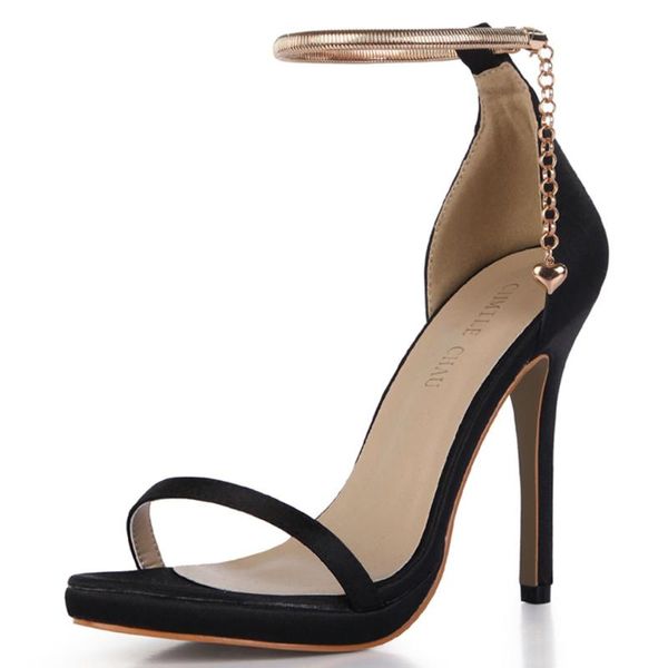 

spring summer 12cm satin high heel sandals women stiletto open toe iron chain ankle strap bridals party lady shoe 3a-13l, Black