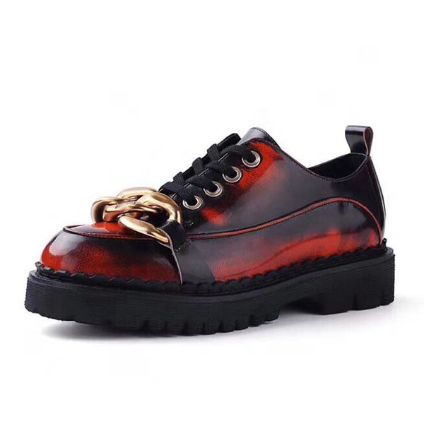 

sandals spring flat thick sole metal chain single shoes women round toe real leather lace up platform british style loafers 2021 t, Black
