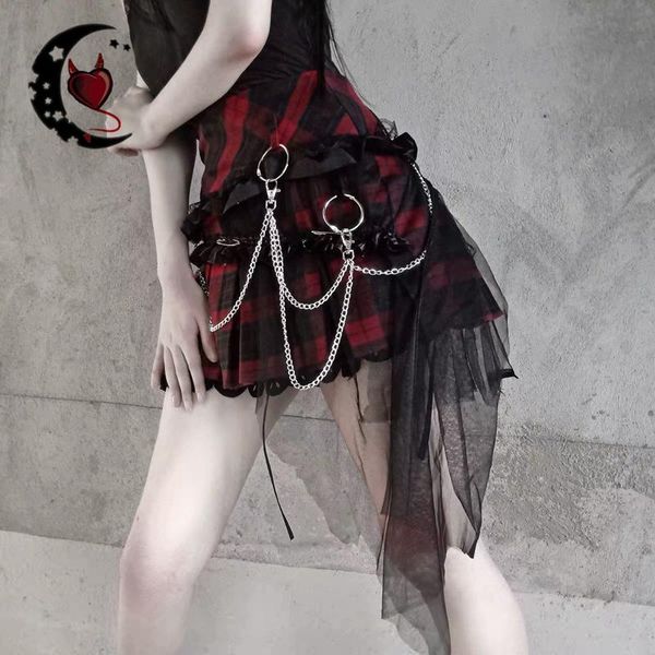 

punk rock red plaid skirts lace mesh stitching metal chain gothic mini skirt chic streetwear, Black