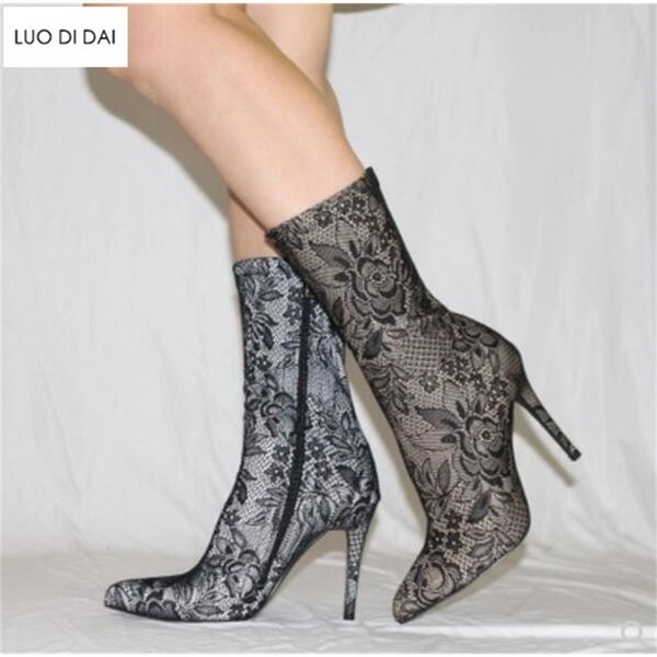 

boots women black lace thigh high red booties thin heel over knee point toe mujer botas ii23