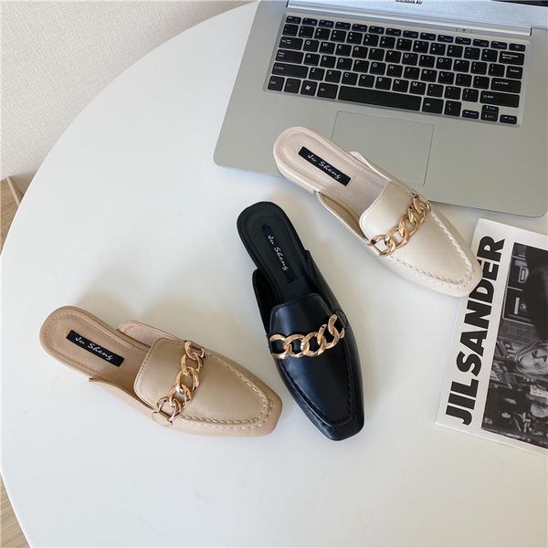 

women slippers fashion metal chain design thick low flats heeled slip on round toe slides casual outdoor shoes woman mules, Black