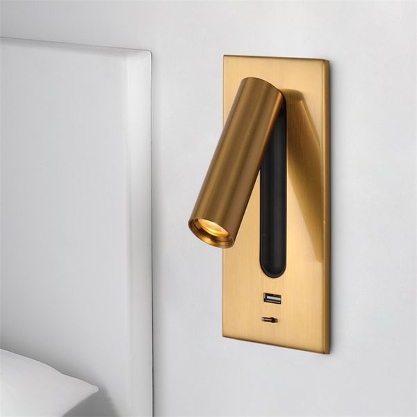 

nordic bedside led reading l & bronze usb charging port 3w wall lamp