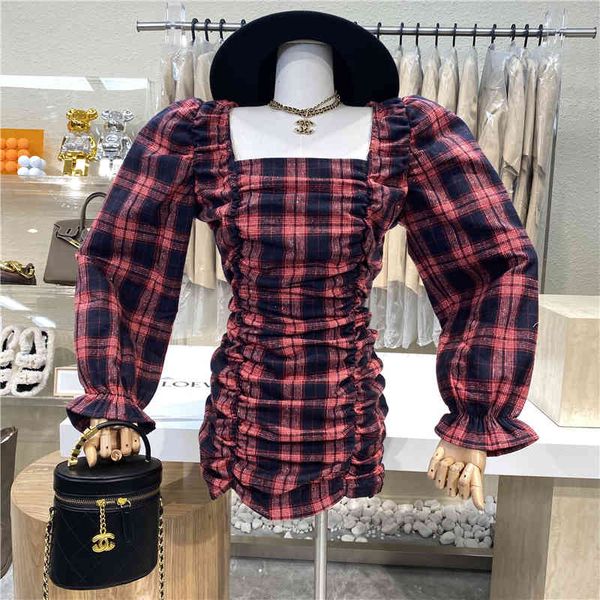 

niche design 2021 fresh fried square collar plaid sleeve reducing age slimming body drapeja dress buttock, Black;gray