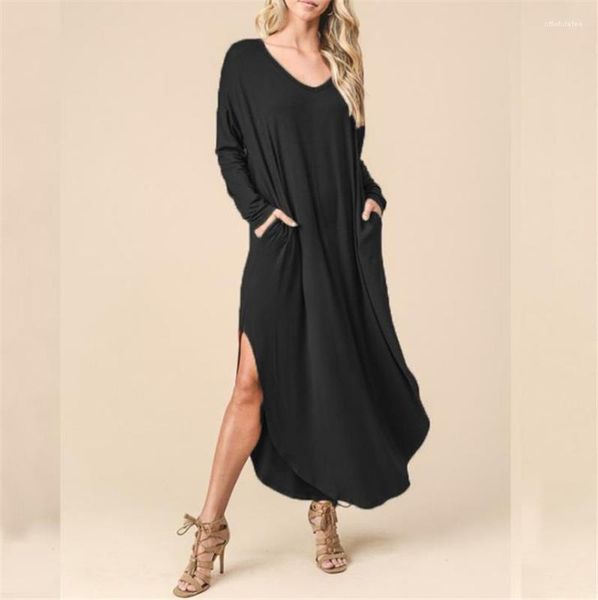 

pocket dresses designer loose causual clothing long sleeved solid color long t-shirt spring women summer v-neck, Black;gray