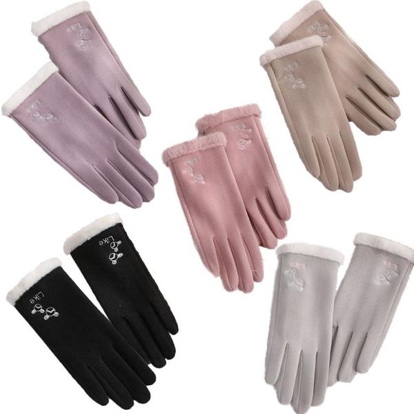 

five fingers gloves solid color skin-friendly wrist mittens full finger plush winter warm embroidered touch screen for women, Blue;gray