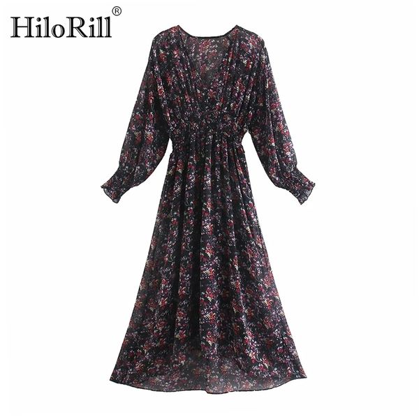 

women boho v neck chiffon long dress floral print a line party ruffle sleeve elastic waist vintage es 210508, Black;gray