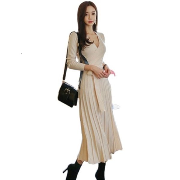 

casual dresses women elegant knitted autumn winter v-neck long sleeve lace up slim midi solid female sweater pleated t0p5, Black;gray