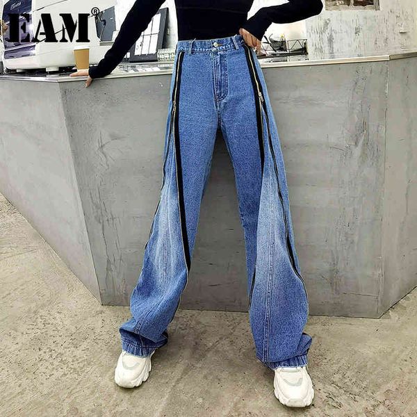 

[eam] high waist wide leg blue pocket zipper long jeans loose women trousers fashion spring autumn 1dd6376 21512