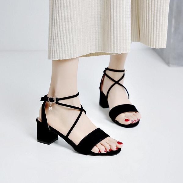 

sandals flock summer with cross ankle straps thick and thin comfortable breathable women's 2021, Black
