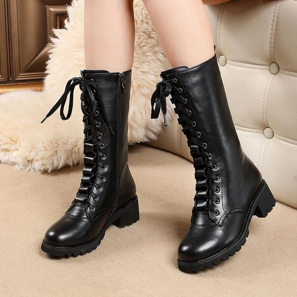 

boots fashion lace high round toe women's thick heel british short, Black