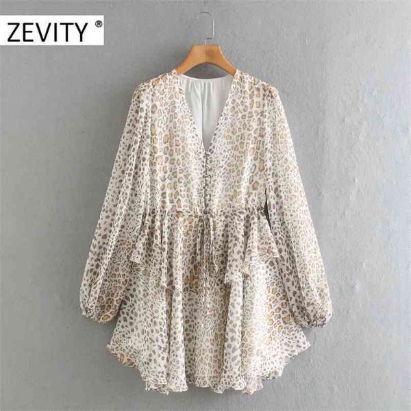 

women vintage v neck leopard print irregular ruffles mini dress female lantern sleeve vestido chic casual dresses ds4460 210420, Black;gray
