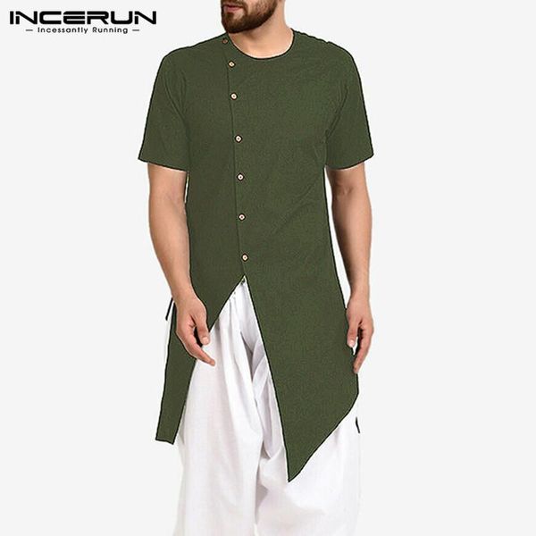 

men's casual shirts incerun men shirt clothes solid button 2021 cotton short sleeve retro kurtas streetwear muslim irregular long, White;black