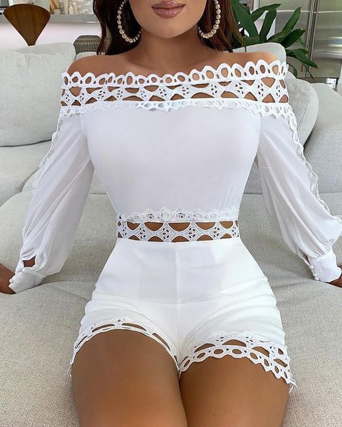 

women's jumpsuits & rompers hirigin women off shoulder white black regular solid color lace patchwork slash neck hollow out playsuits, Black;white