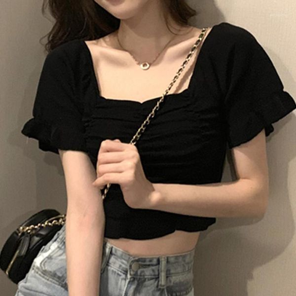 

women's t-shirt solid short-sleeved woman summer square collar slim short tees women simple pleated cropped knitted stretch top, White