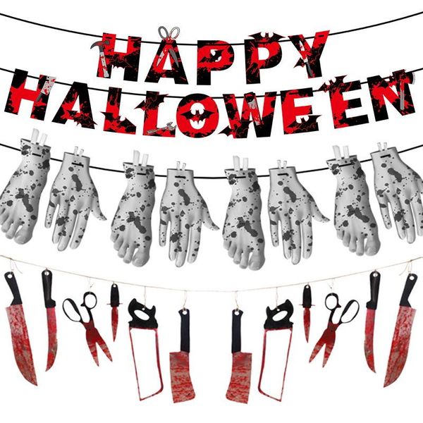 

party decoration happy 2021 halloween banner blood stained kitchen utensils paper flag broken hands and feet kids favor