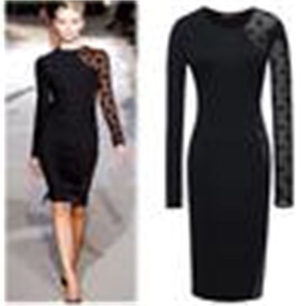 

runway dresses 2015 autumn fashion women dots es bodycon bandage lace black pencil skirt long sleeve clubwear ladies party e5
