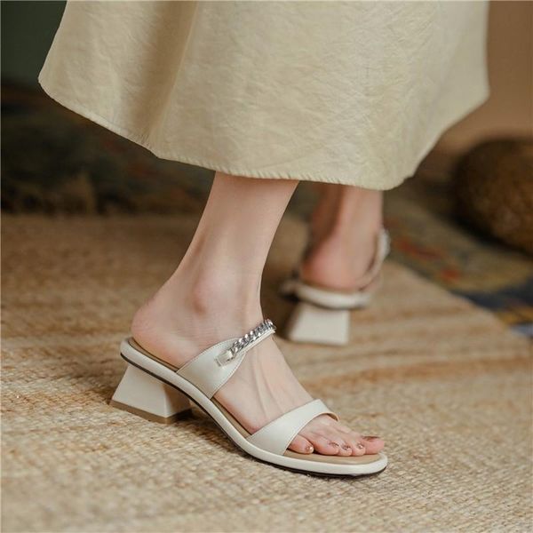 

slippers women's sandals leather shoes chain simple thick heel casual summer women, Black