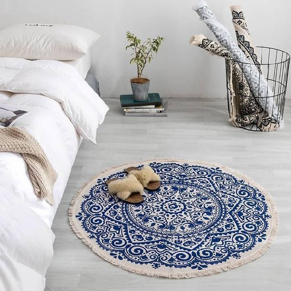 

carpets 90cm round bohemian bedside carpet bedroom living room with tassels home decorative cotton linen woven rugs floor mat