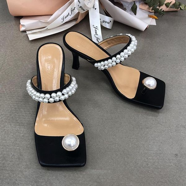 

slippers open-toed thin high heels sandals pearl decoration slipper party pumps outdoor flip flop woman slides wholesale zapatos de mujer, Black