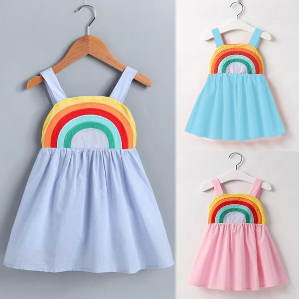 

toddler baby girls dresses 2021 summer sleeveless suspender rainbow print backless princess dress kids girl clothes vestidos girl's, Red;yellow