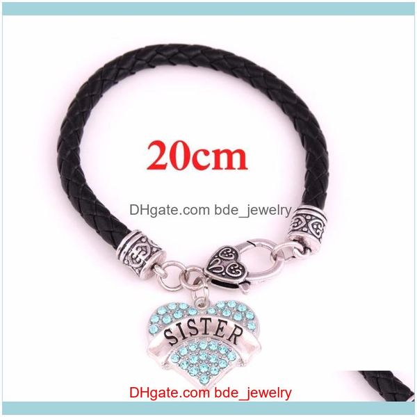 

charm jewelrycharm bracelets family member jewelry sister carving pave crystal heart pendant with black leather chain lobster claw bracelet, Golden;silver