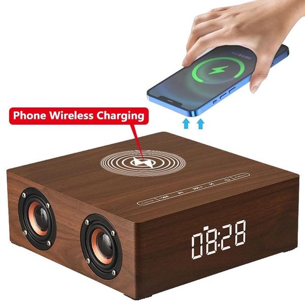 

portable speakers q5a retro wood multi-function bluetooth speaker alarm clock wireless charger column subwoofer music center surround sound