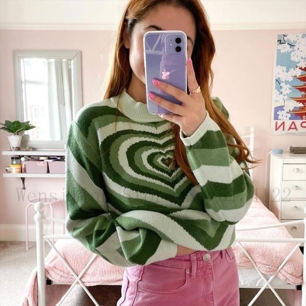

heart striped turtleneck women y2k sweater aesthetics e girl sweet pullovers long sleeve green 90s knitwear, White;black